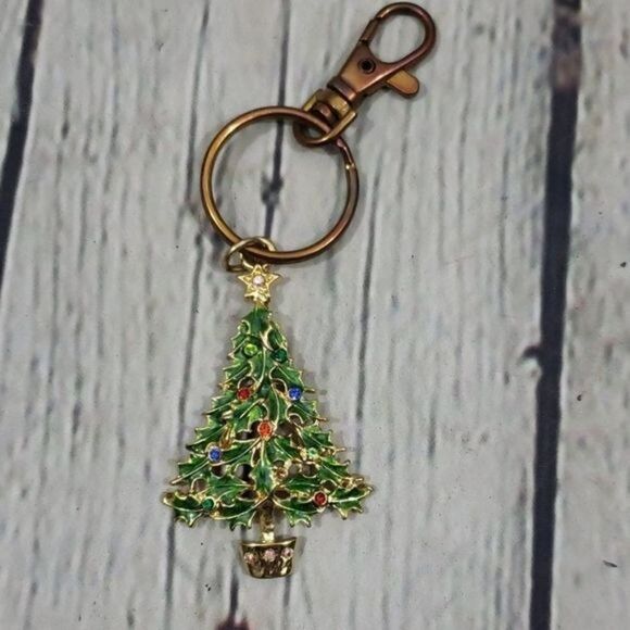 Vintage Christmas Tree Rhinestone Keychain Ring - Picture 1 of 5